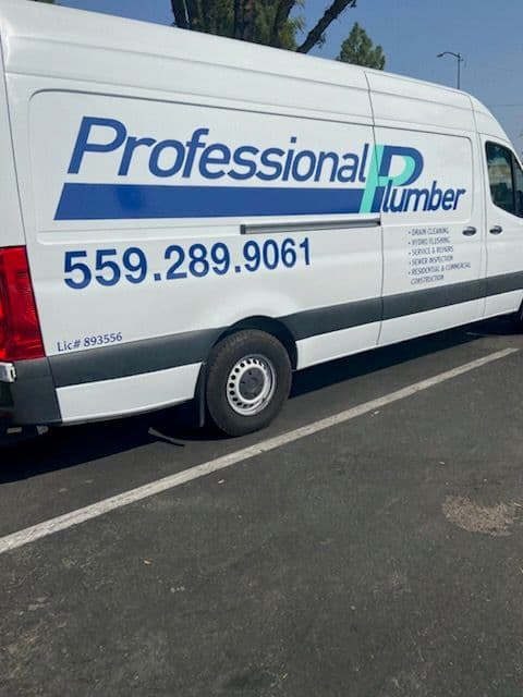 White service van with "Professional Plumber" branding and contact number 559-289-9061.