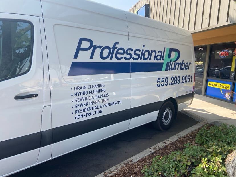 Professional Plumber van offering drain cleaning, hydro flushing, and sewer inspection services.